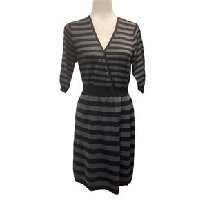 a.n.a Faux Wrap Surplice Black & Gray Striped 3/4 Sleeve Sweater Dress